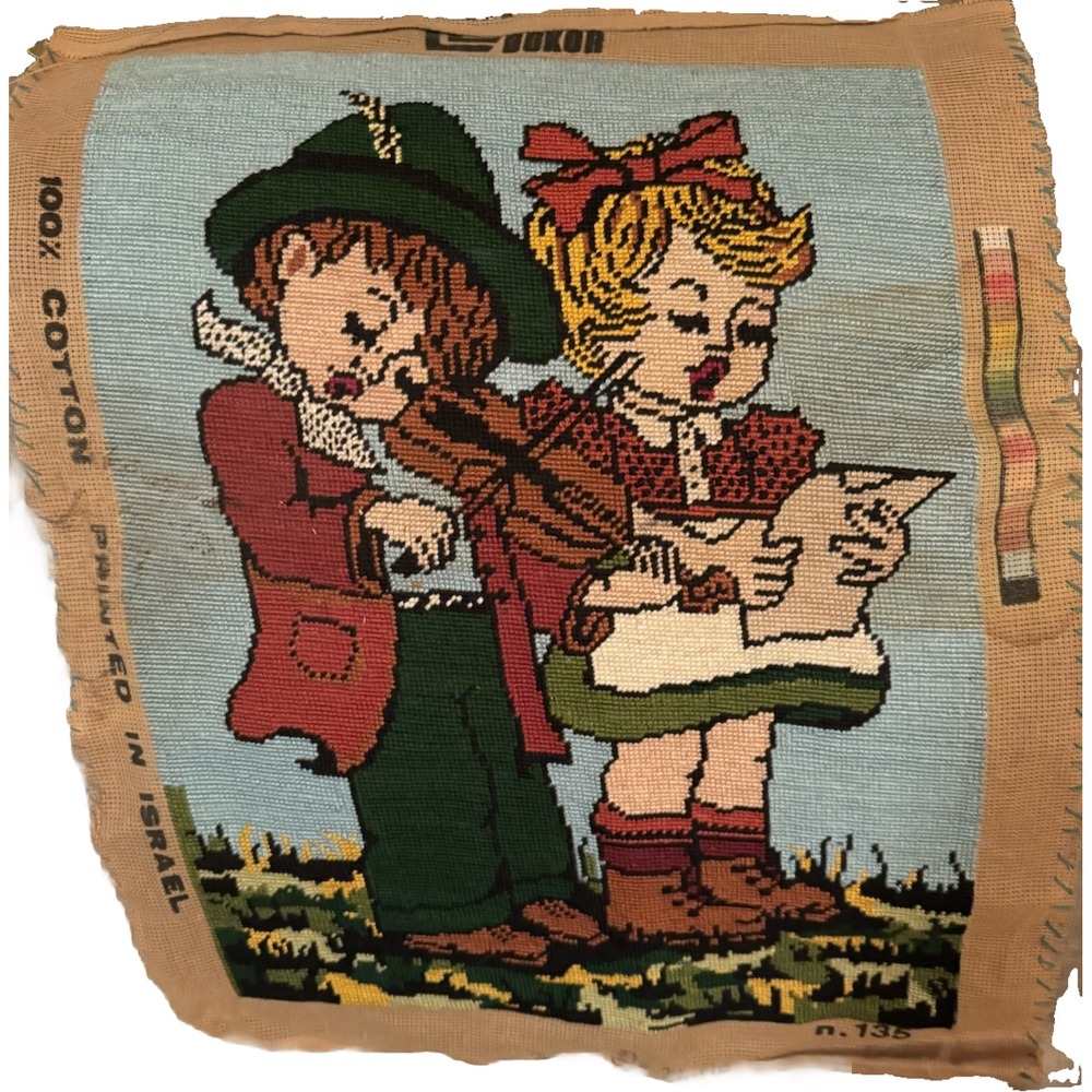 Vtg Needlepoint Hand Painted Fleur De Paris Canvas Boy & Girl #135 Violin Cotton